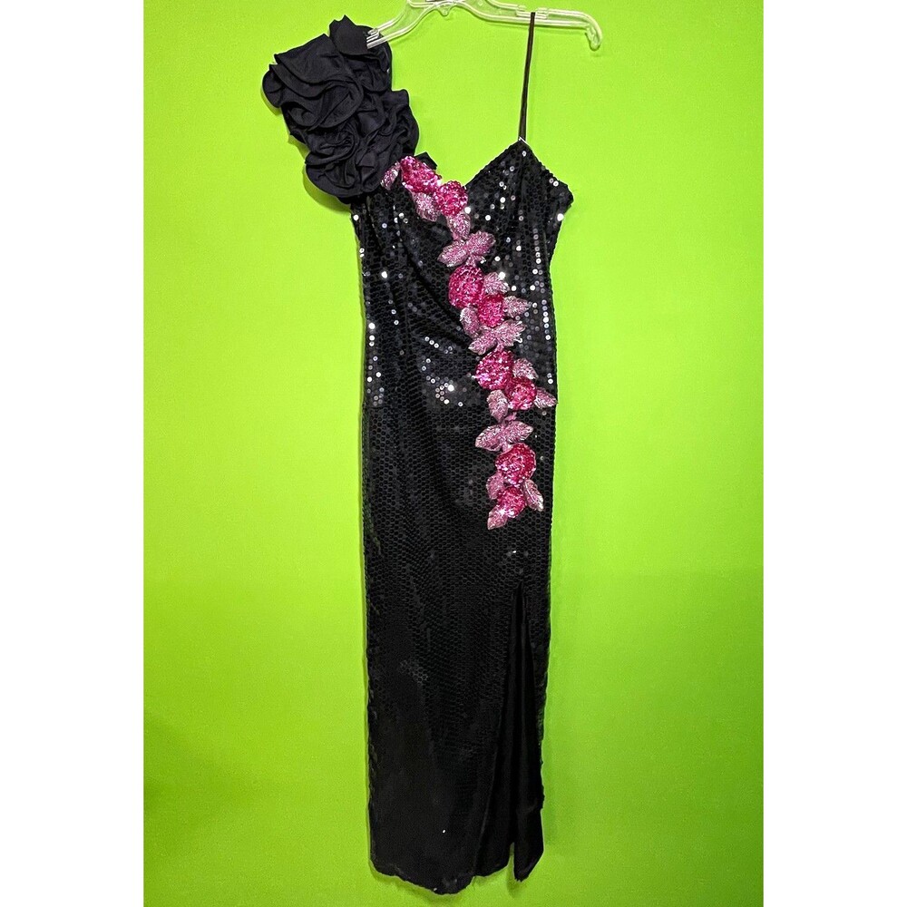 Nadine Size 9 Black Sequin One-Shoulder Long Gown Pink Floral Beaded Slit Vntg